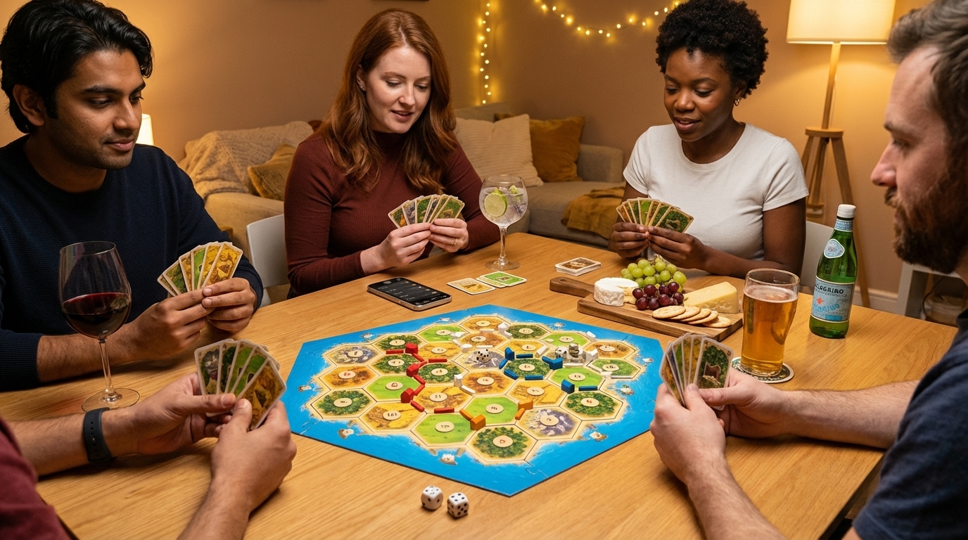 Friends playing Settlers of Catan at game night with Keeping Score app on a phone