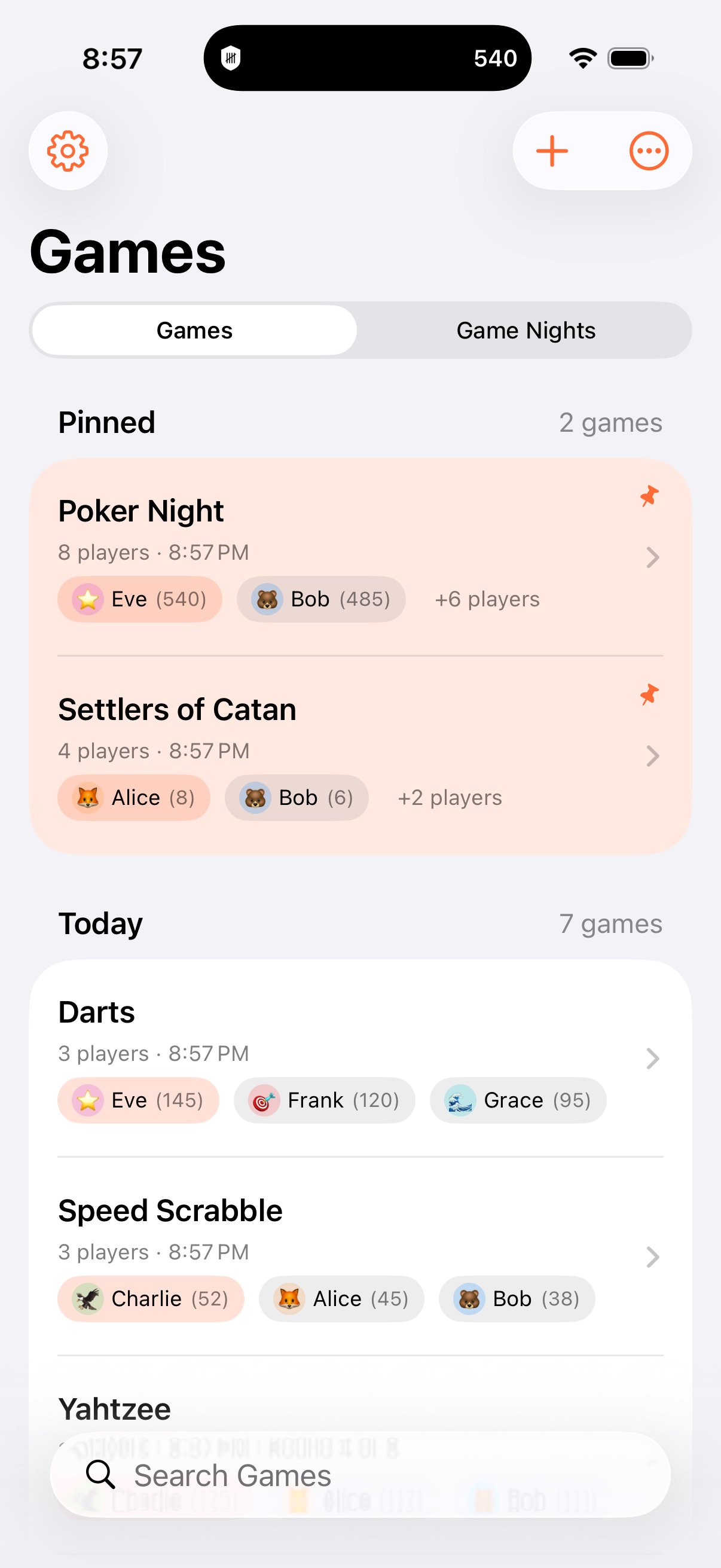 Keeping Score app showing game list with Poker Night, Catan, Darts, and Yahtzee