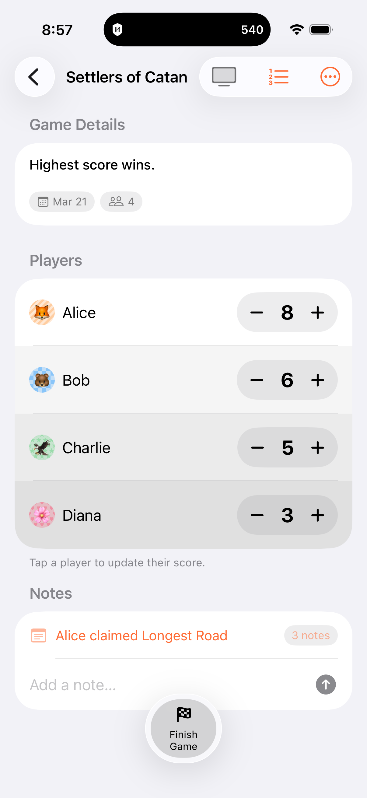 Catan gameplay view showing 4 players with plus/minus scoring