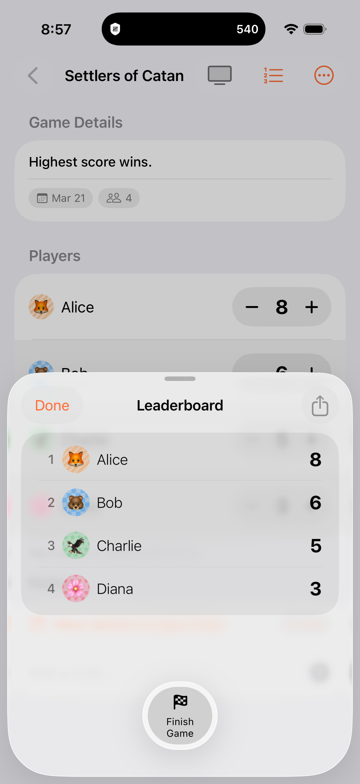 Leaderboard view showing player rankings