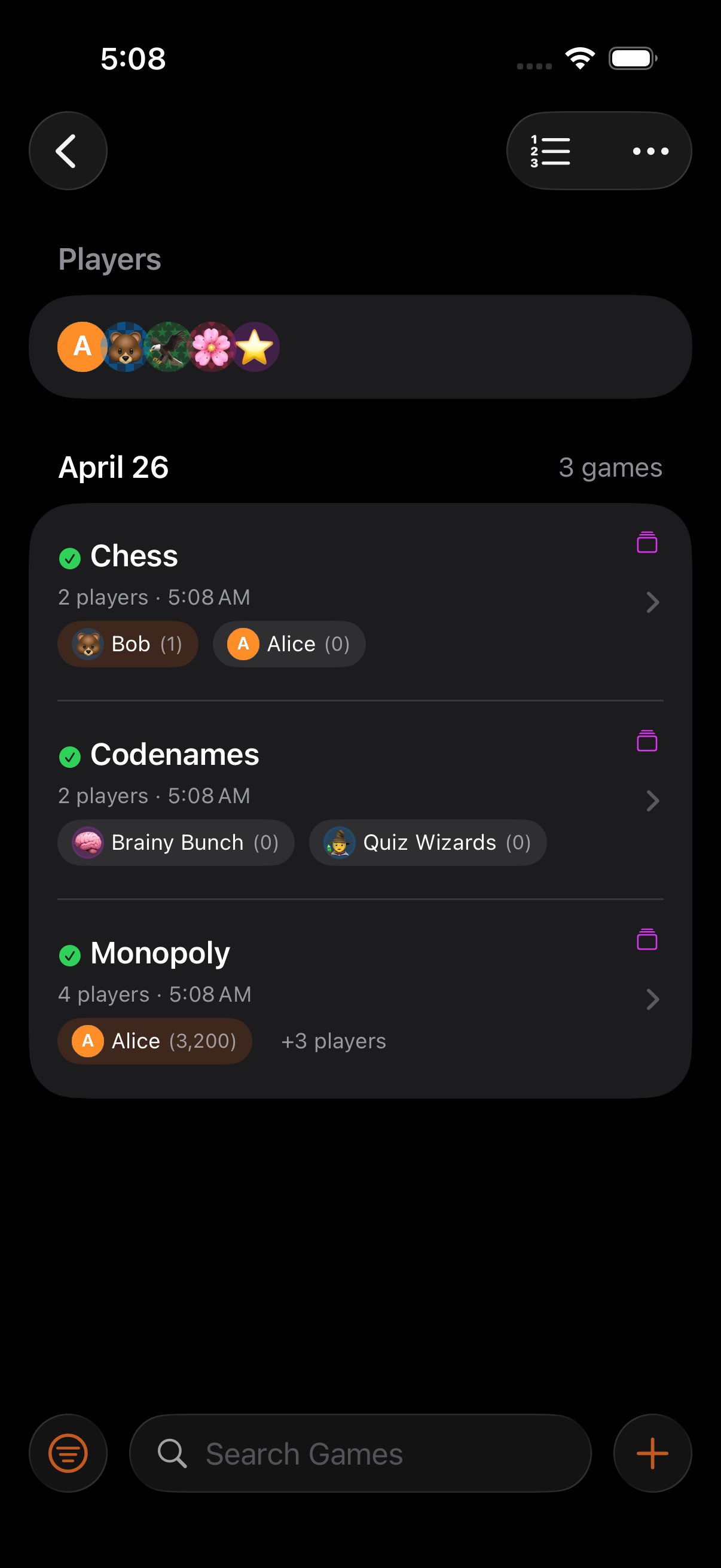 Game Night detail with the list of games played and the overall win tally