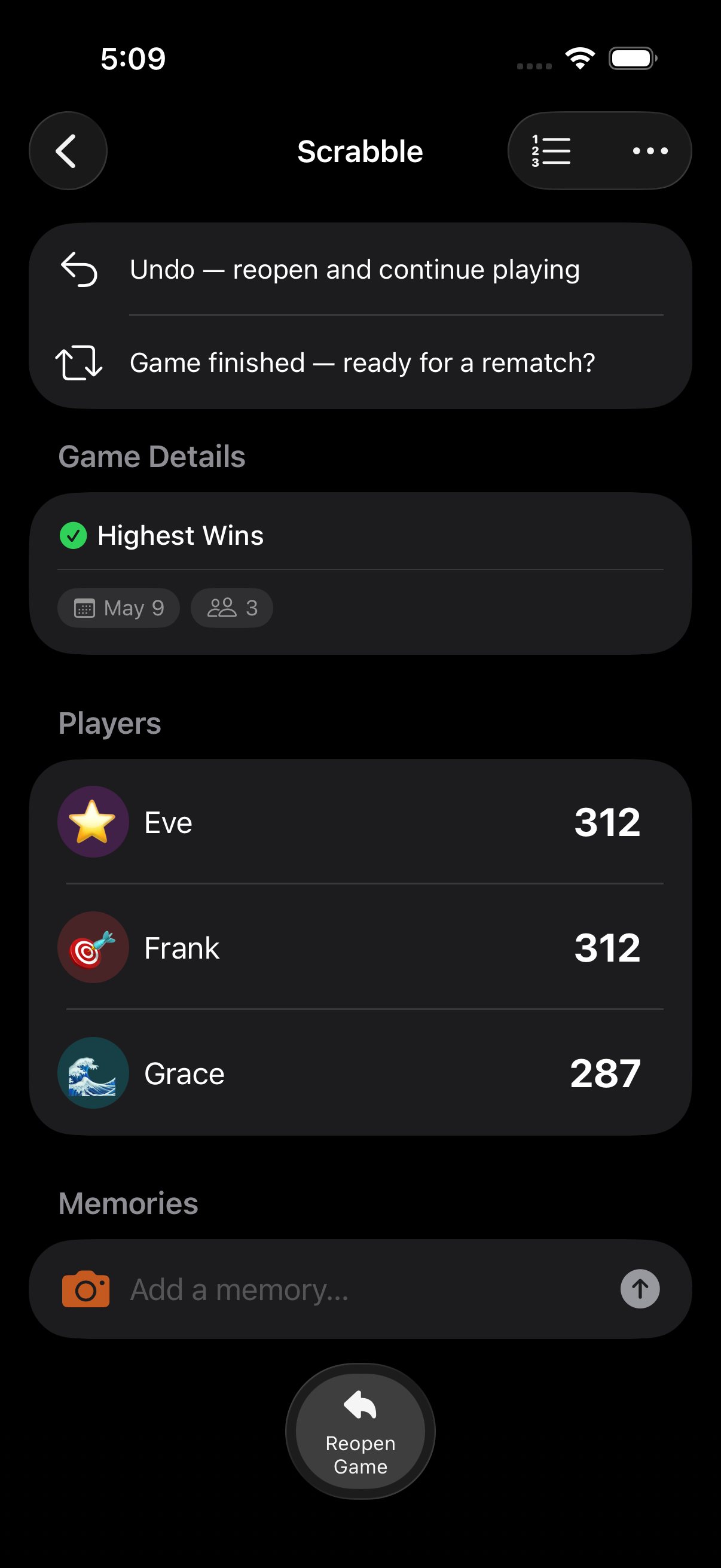 Finished game screen with final rankings and the post-game action menu