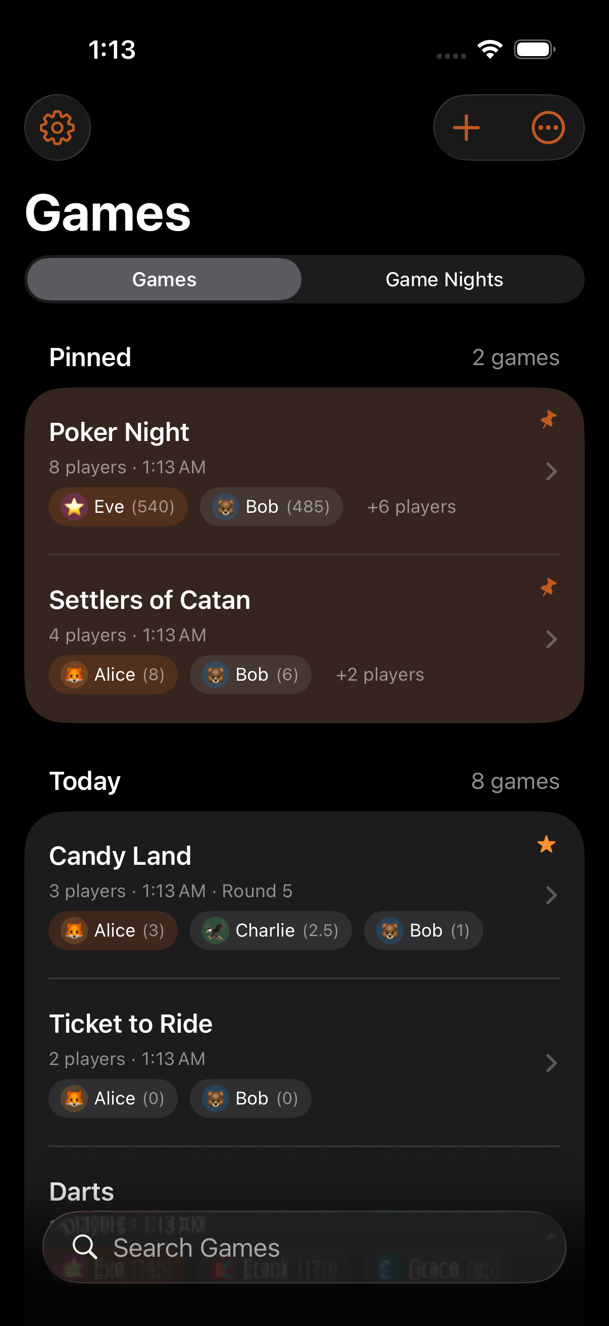 Keeping Score app showing game list with Poker Night, Catan, Darts, and Yahtzee