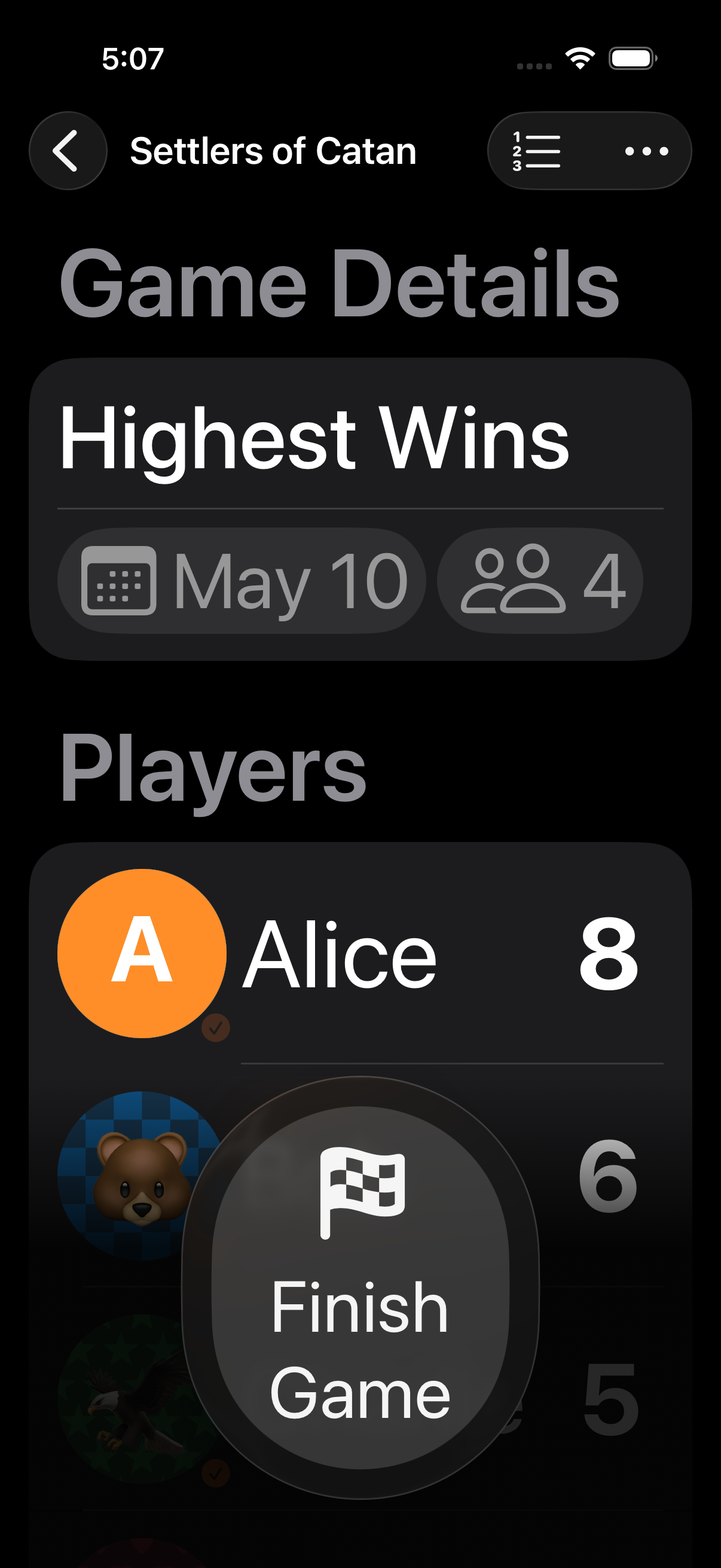 Gameplay at an accessibility text size — names shorten to initials, buttons grow, and rows reflow to stay readable