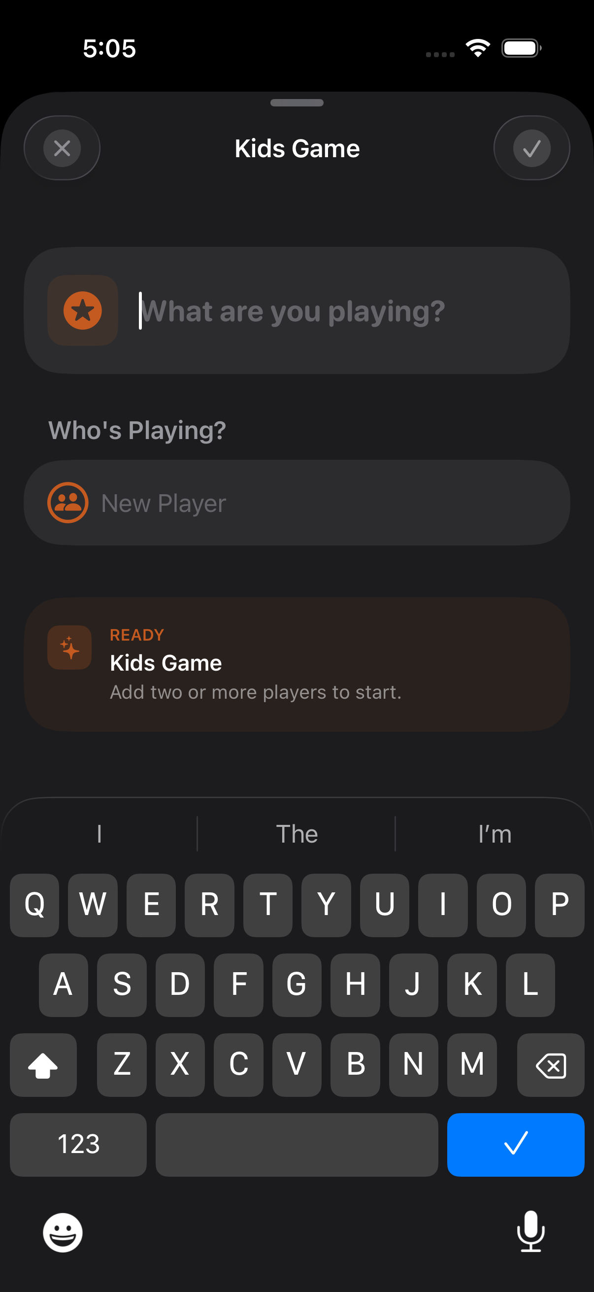 Kids Game setup form