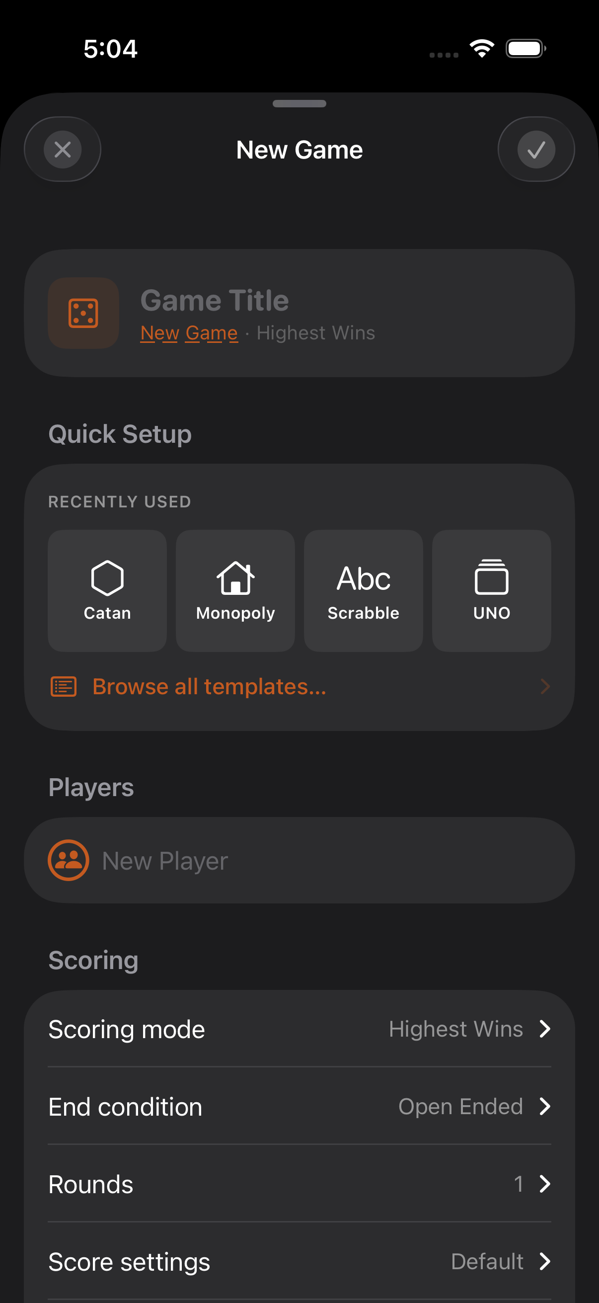 New game form with participants added