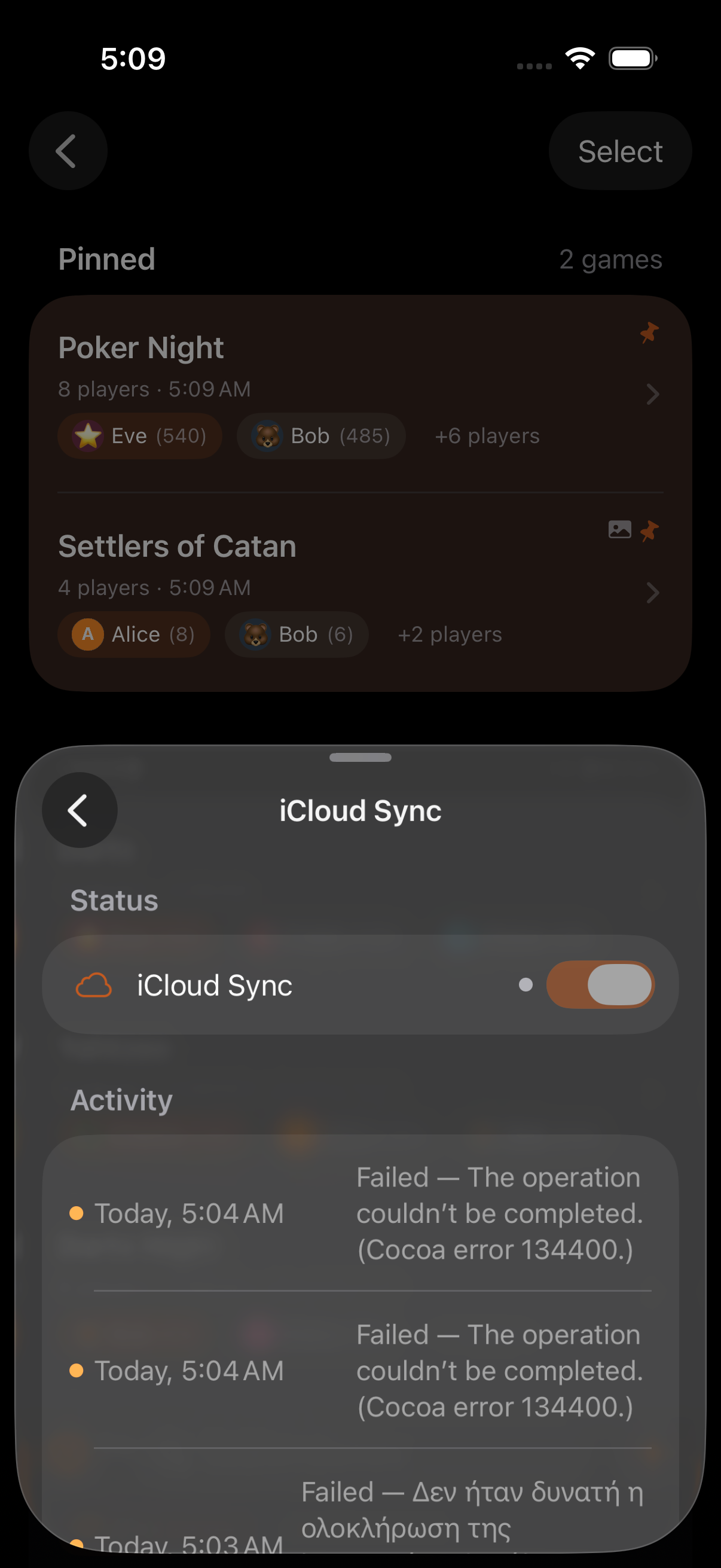 Sync status screen showing the last successful sync and the CloudKit connection state