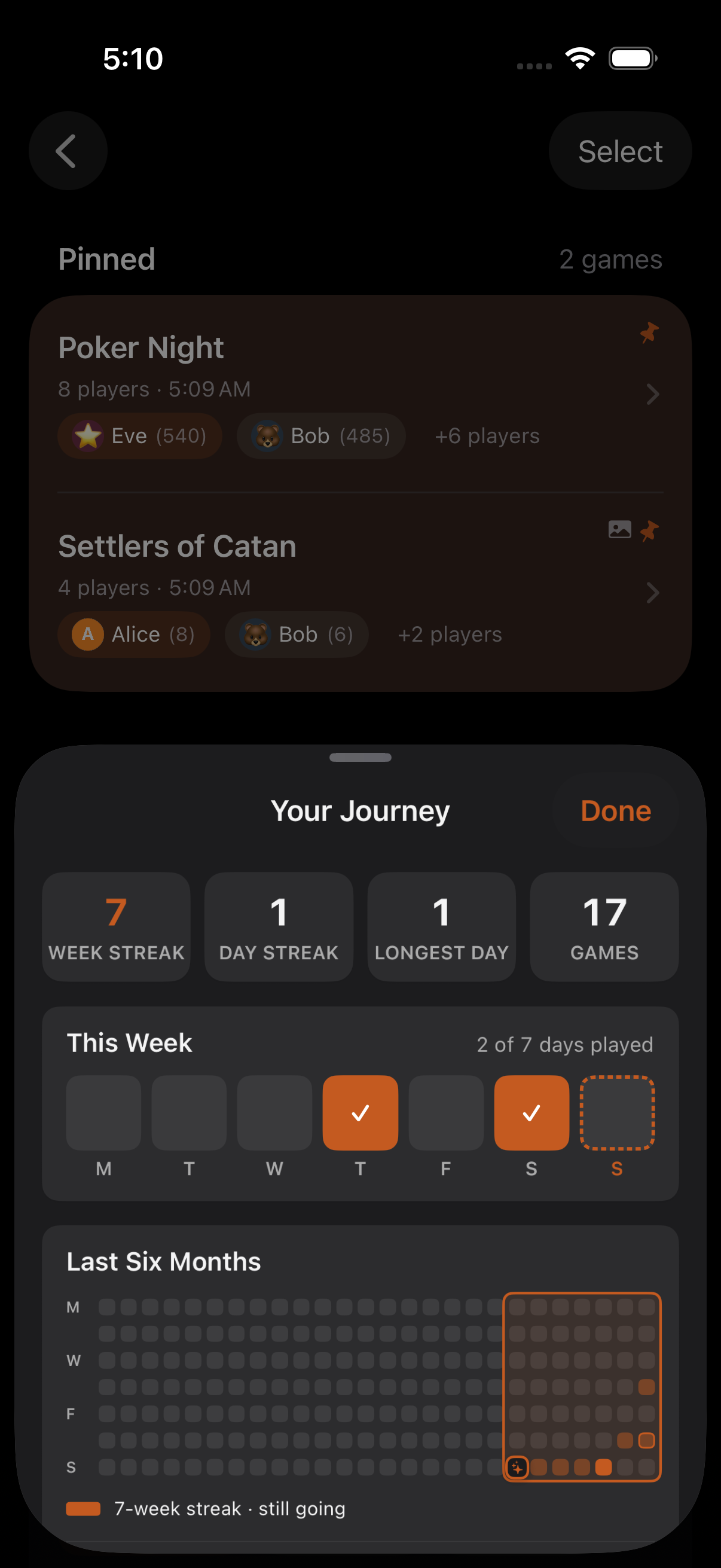 Your Journey screen with year heat-map, achievement badges, and streak history