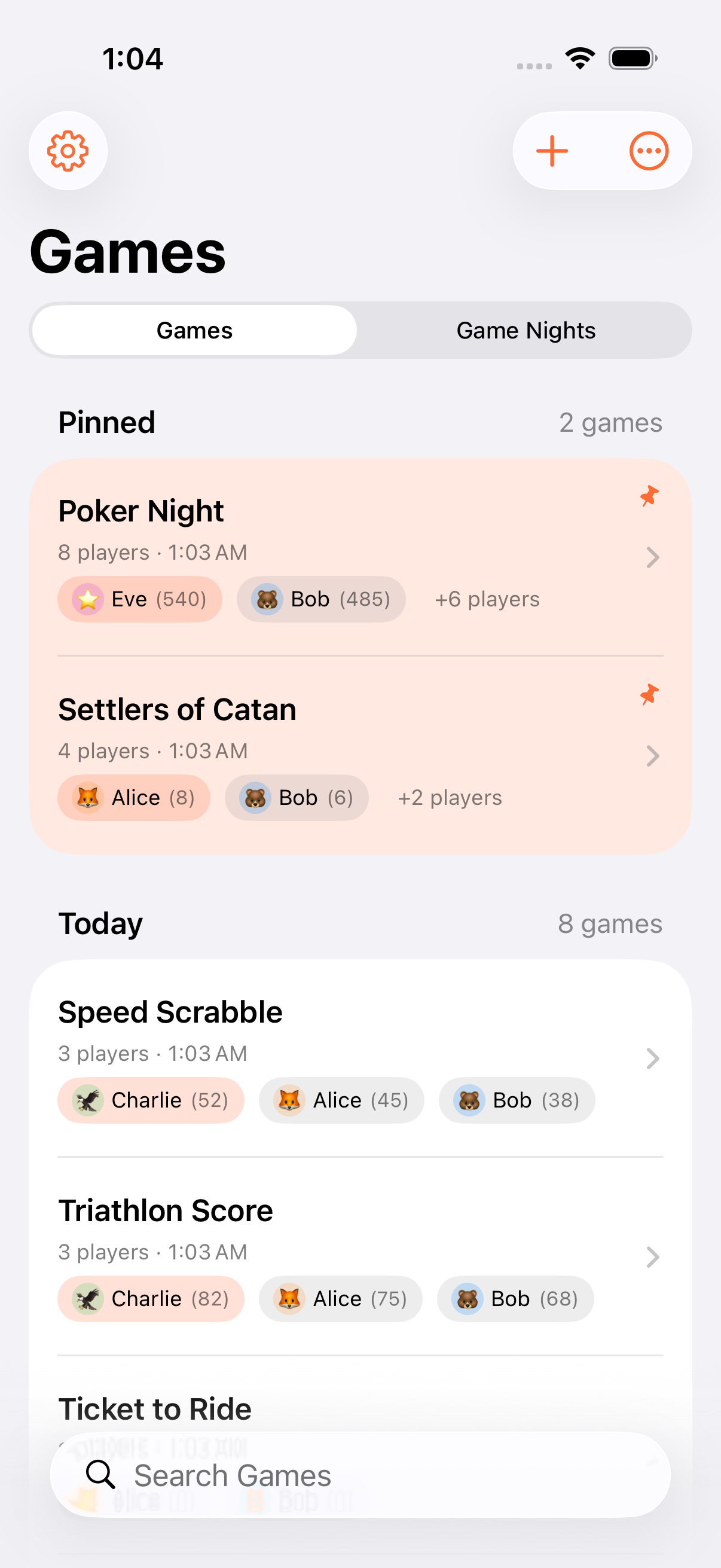 Keeping Score app showing game list with Poker Night, Catan, Darts, and Yahtzee