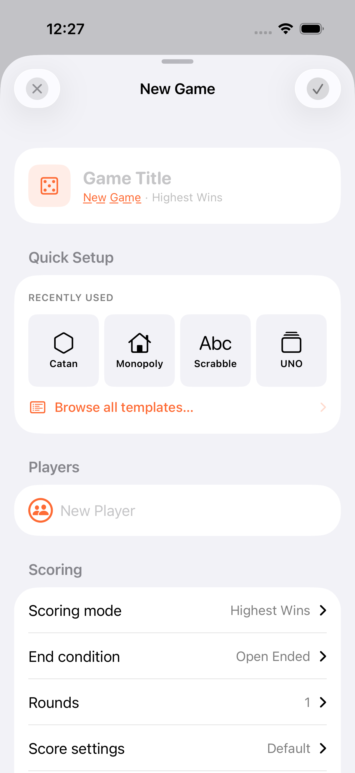New game form with participants added