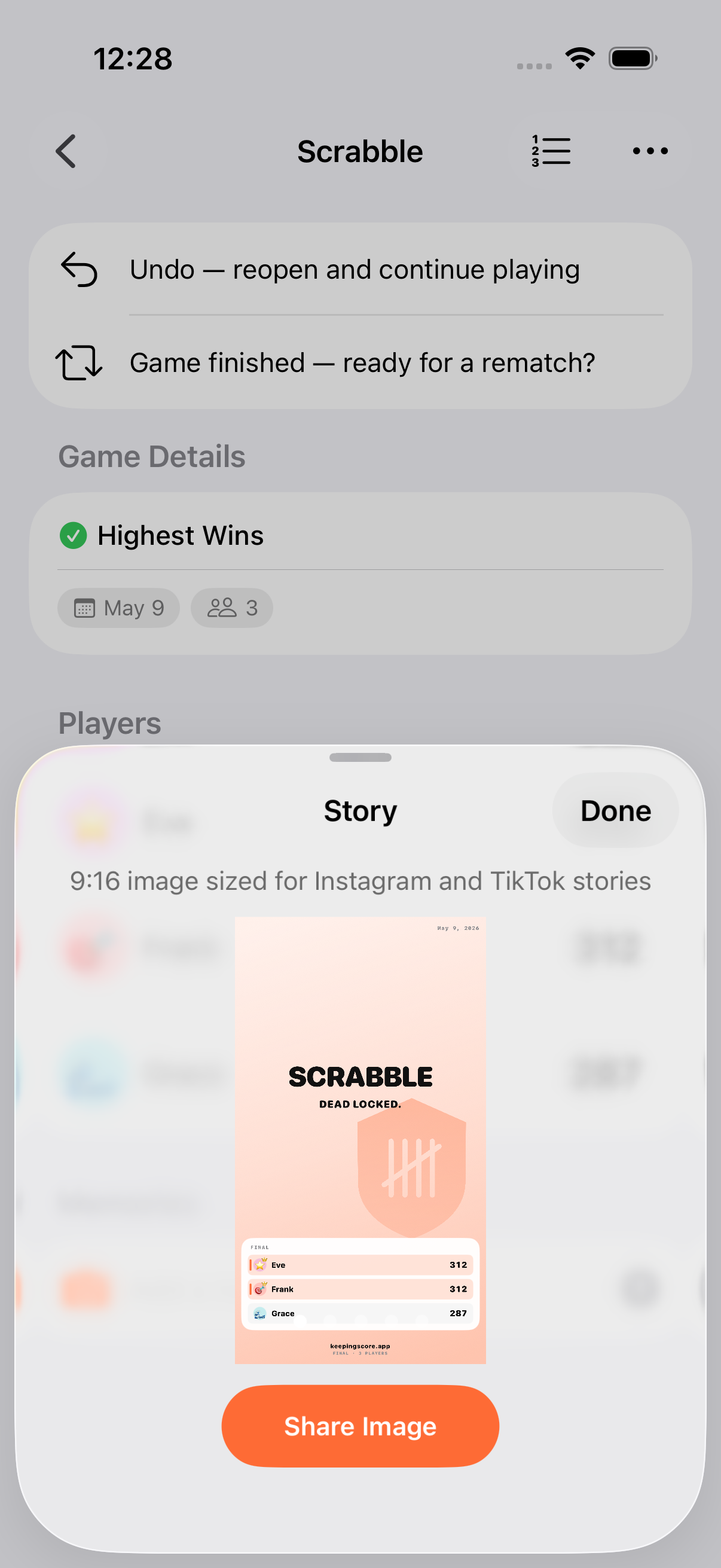 Share card with final rankings